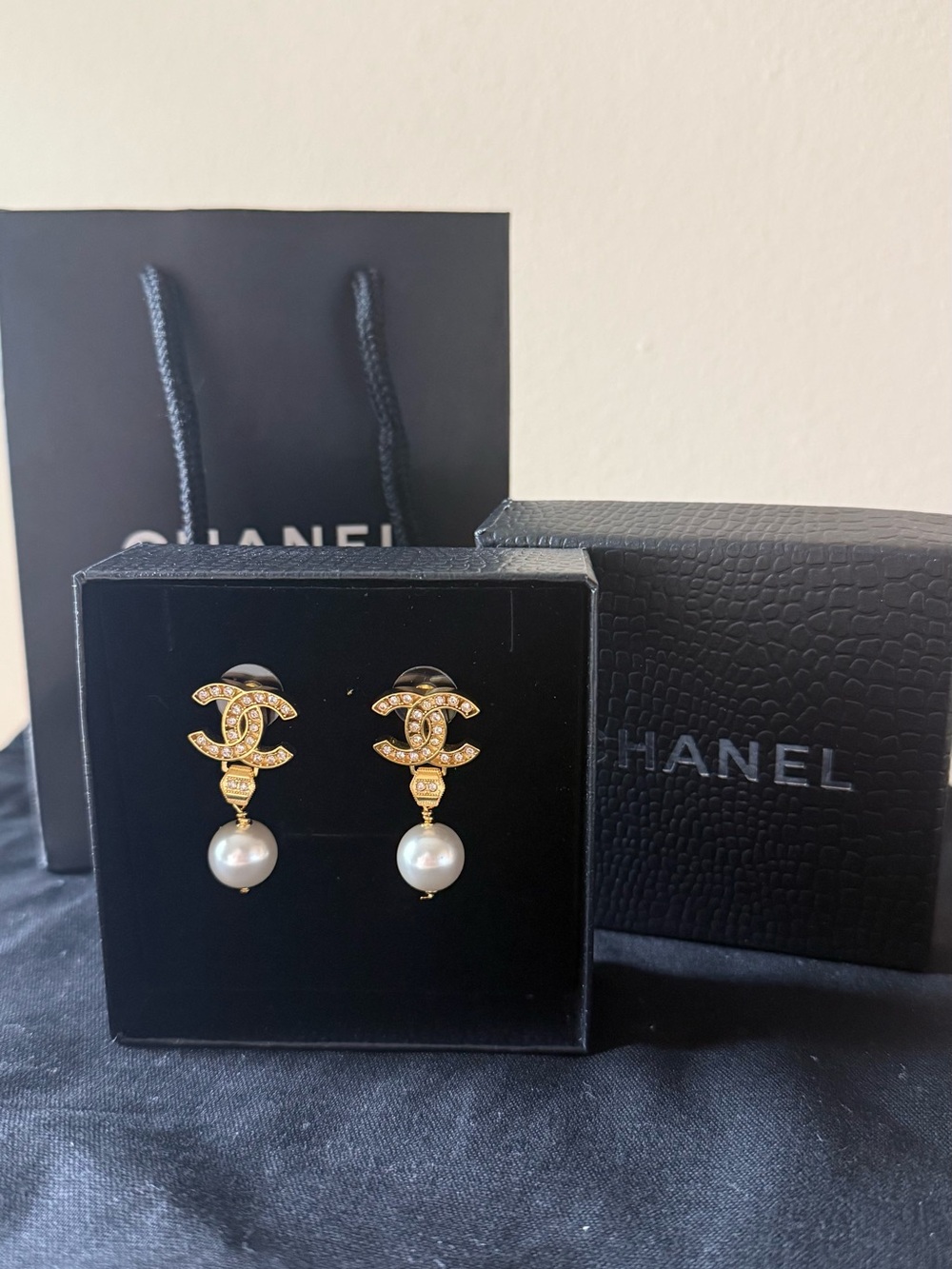 CHANEL Gold and White Pearl CC Drop Earrings